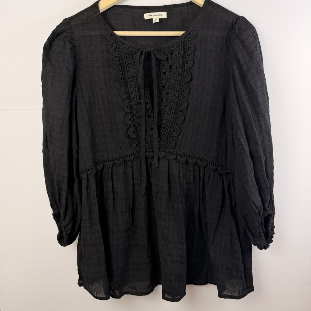 Max Studio Black Boho Crochet Lace Peasant Blouse Womens M Cotton Rayon
